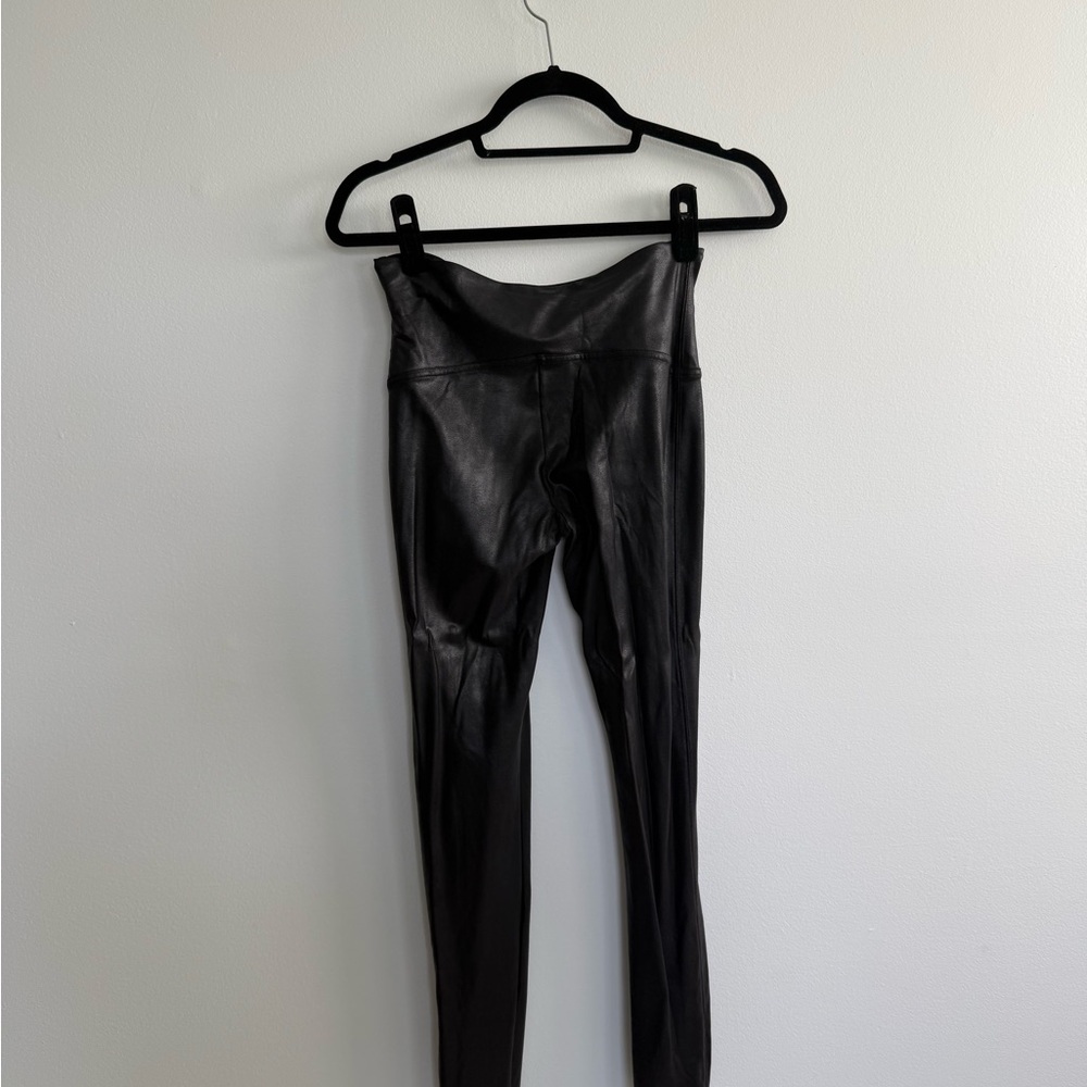 SPANX Black Shiny Faux-Leather Leggings with Red Brand Tag